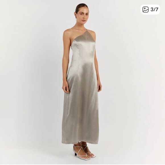 NWT DISSH Rio Pewter Silver Satin One Shoulder Midi Dress Cocktai - Picture 4 of 6